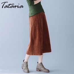 Tataria High Waisted Corduroy Skirts for Women Autumn Winter Thickened Vintage Office Ladies Long Retro 210514