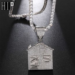 Hip Hop Buzlu Out Bling Kübik Zirkonya Bando Tuzak Evi Kolye Erkekler Için Rapçi Takı Tenis Zinciri Ile X0707