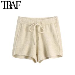 TRAF Women Fashion With Drawstring Knitted Shorts Vintage High Elastic Waist Soft Touch Female Short Pants Mujer 210415