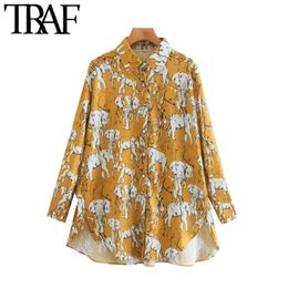 TRAF Women Fashion Animal Print Loose Asymmetry Blouse Vintage Long Sleeve Button-up Female Shirts Blusas Chic Tops 210415