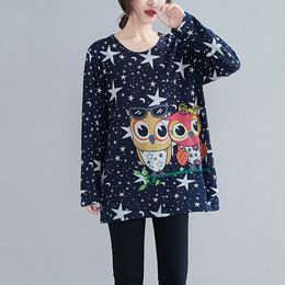 Johnature Casual Print Cartoon Women T-Shirts Spring O-neck Full Sleeve Loose All-match Owl Cute Tops 210521