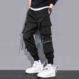 Fashion Streetwear Black Cargo Pants Men Joggers Pants Sweatpants Male Harajuku Ribbon Pocket Trousers Elastic Waist HG143 H1223