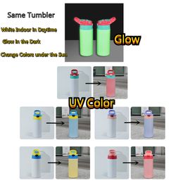 Two Functions Kid Bottle Sublimation Blanks 12oz Straight Kids Tumblers Glow in the Dark and UV Color Changing Cups Stainless Steel Double Wall Insulated Student LEO