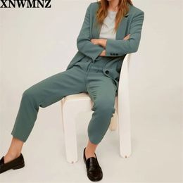 Autumn Women Pant Suits green Single Button Blazer Jacket+Zipper Trousers Office Ladies Two Piece Set Female Outwear 210520