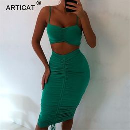 Articat Two Piece Sexy Pleated Party Dress Women Spaghetti Strap Backless Slinny Pencil Christmas Dress Casual Dress Vestidos 210409