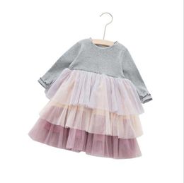 2-7Yrs Children Girls Tutu Cake Dress Spring Kids Girls Long Sleeve Dress Cotton Layered Dresses for Girls Clothing Q0716