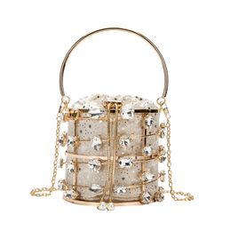 Evening Bag Metal Hollow Bucket Crystal Wedding Clutch Purse For Women Small Party Handbag With Metal Handle