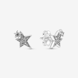 100% 925 Sterling Silver Sparkling Asymmetric Stars Stud Earrings Pave Cubic Zirconia Fashion Women Wedding Engagement Jewellery Accessories