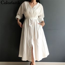 Colorfaith New Women Dresses Spring Summer Cotton and Linen Elegant Pleated Long White Dresses V Neck Lace Up Bow DR1086 210409