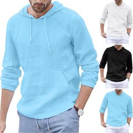 European Style Men's Baggy T Shirts Cotton Linen Hooded Pocket Solid Long Sleeve Retro Shirt Tops