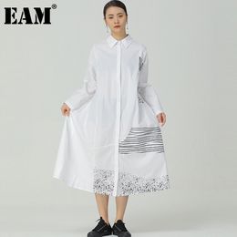 [EAM] Women Black Printing Long Big Size Shirt Dress Lapel Long Sleeve Loose Fit Fashion Spring Autumn 1DD5923 210512