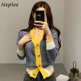 V-neck Panelled Patchwork Knitted Cardigan Slim Fit Chic Button Sweater Women's All-match Soft Femme Jacket 210422
