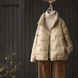 Lagabogy Women Short White Duck Down Coats Female Loose Ultra Light Windproof Parkas Casual Puffer Jacket Outwear 210923
