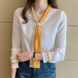 Women Summer Colorful Striped Blouses Shirts V-Neck Bow Pullover Tops Casual Fashion Long Sleeve Chiffon Blusas 210416