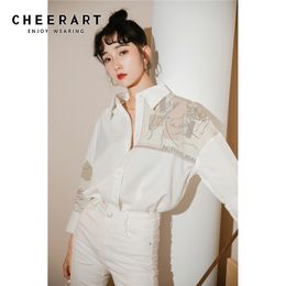 Patchwork Long Sleeve Blouse Women Autumn Button Up Collar White Shirt Tops And Bloues Aesthetic Clothes 210427