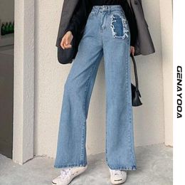 Genayooa Streetwear Jean Boyfriend Femme Loose Ripped Jeans For Women High Waisted Wide Leg Denim Straight Pants Korean Fashion 210417