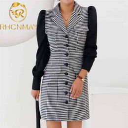 Fashion Autumn Korean Vintage Patchwork Single Breasted Suit Overcoat Casual Simple Slim Dress Houndstooth Chic Dresses 210506