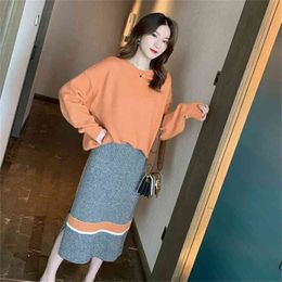 Women Autumn Winter Elegant Knitted Suit Female Soft Warm Pullover Sweater Slim Contrast Color Pencil Skirt 2pcs Sets 210427