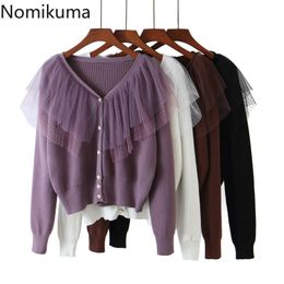 Nomikuma Sweater Coat Korean Mesh Ruffle Patchwork V-neck Knitted Cardigan Autumn Winter Short Knitwear Women Coat 6D097 210427