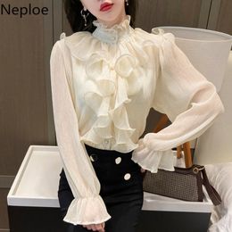 Neploe Vintage Blouse Women Chic Ruffles Flare Sleeve Shirts Tops Chiffon Elegant White Blouses Blusas Mujer De Moda 4H347 210422