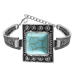 Classical Women's Retro Vintage Natural Square Green Howlite Stone Bracelet Tibet Silver Colour Chain Link Bracelet