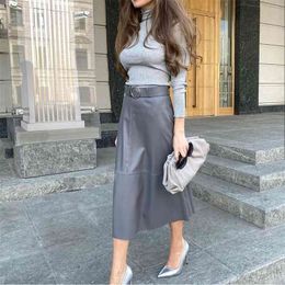 High waist PU leather skirts with Belt lady trendy Solid color Midi Skirt Wrap Autumn Winter Women Slim Office Pencil skirt 210412