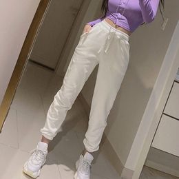WOMENGAGA Korea Loose Casual Harem Pants White Sport Trousers Elastic Waist Girl Female Streetwear U40R 210603