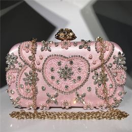 Evening Bags Women Bag Beaded Pearl Diamond Heart Shape Female Party Clutch Purse Phone Small Cosmetic Two Chain Shoulder Strap