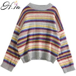 H.SA Autumn Winter Women Fashion Pull Striped Colorful Jumpers Flare Sleeve Rainbow Chic Girls Sweater Oversize 210417