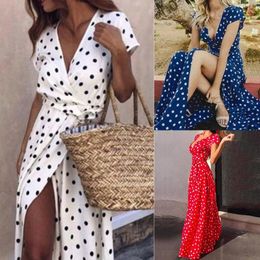 Women Beach Dress Long Dot Deep-V Sundress Tunic Swimwear White Bikini Cover Up Swimsuit Vestidos Mujer Ropa De Playa Women's