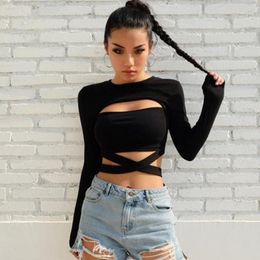 Women's T-Shirt Gothic Sexy Cross Belt Crop Top Women Hollow Out Black Casual T-shirts Slim Lace-Up Girls Fashion Female Tee Streetwear