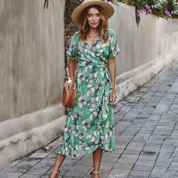 Floral Print Ruffles Bohemia Dresses Women Sexy V Neck Short Sleeve Summer Dress Casual Lace Up Irregular Midi Beach Dress Femme 210507