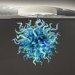 Lampada moderna Lampadari in vetro soffiato Lampadina a LED 24 pollici Tonalità blu verde Chihuly Lampade a sospensione a soffitto rotonde di lusso per cucina Soggiorno Camera da letto soppalcata