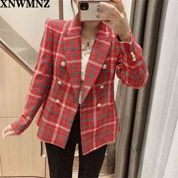 women fashion double-breasted Cheque blazer Female Elegant V-neck long sleeve ladies vintage buttoned plaid chic coat 210520