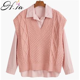 H.SA Spring Vest with Blouses Turn Down Collar 2 pcs Set Women Suit Twsited Sweater Jumper and Shirts 210417