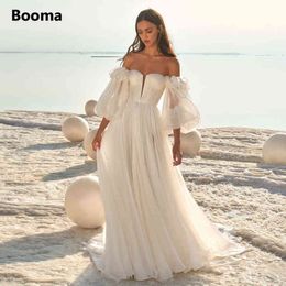 -Bohoma boho robes de mariée plage bretelles longues manches gonflées de mousseline de mousseline en v-cou