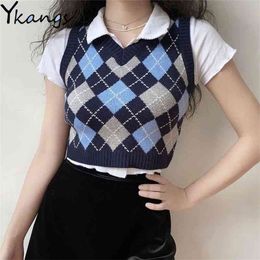 Vintage Plaid Sweater Vest Women V-Neck Slim Short Sleeveless Casual Preppy Pullovers Knitted Female Tank Tops Students 210421