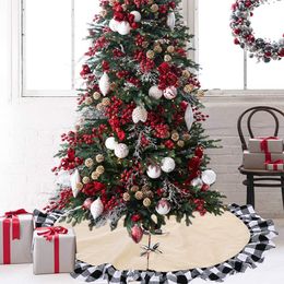 Burlap Christmas Tree Skirt with Red and Black Plaid Border Embroidered Tree Skirt Decor for Xmas Decorations w-00935
