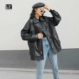 LY VAREY LIN BF Style Loose Faux Leather Jacket Women Vintage Long With Belt Ladies Motorcycle Biker 210526