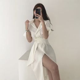 Summer Elegant Turn-down Collar Bandage Short Sleeve Shirt Dress Long Robe Minimalist Korean Lady Holiday Dresses 210510