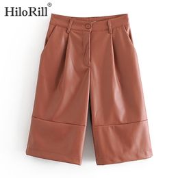 Streetwear PU Faux Leather Half Pants Women Solid Loose Pleated Zipper Fly Straight Ladies Bottoms Pantalo Mujer 210508