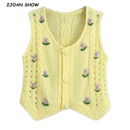 Stylish Women Hand Crochet Flower Sleeveless Cardigan Retro Knitting Cropped Sweater Vest Jumper Yellow Korea Clothes 210429