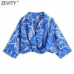 Zevity Women Fashion Floral Print Short Shirt Lady Irregular Hem Knotted Pleat Kimono Blouse Roupas Chic Crop Blusas Tops LS9392 210603