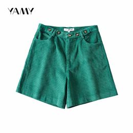 Women's Shorts Summer Green Corduroy Woman High Waisted Wide Leg Vintage Candy Short Snack For Women Korean Biker