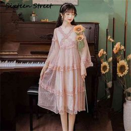 Lace Long Women Dress Vintage Lady Evening Party V-neck Dresses Mid-Calf Female Vestidos Verano Pink Summer 210603