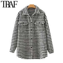 TRAF Women Fashion Oversized Houndstooth Frayed Tweed Jacket Coat Vintage Long Sleeve Pockets Female Outerwear Chic Top 211025