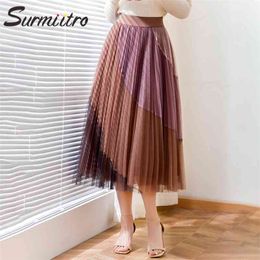 Spring Summer 3 Layers Women Korean Style Elegant Patchwork Mesh High Waist Midi Long Tulle Pleated Skirt Female 210421