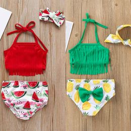 3Pcs/Set Infant Baby Girl Pineapple Swimsuits Halter Tassels Swimwear Bikini Set with Headband 