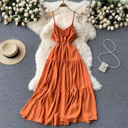 Sling Vestidos Women's Summer Dress Fashion Sweet Wood Ears V-neck Slim Midi GK684 210506
