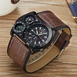 Wristwatches Oulm Sport Wrist Watches Men Quartz Military Clock Wide PU Leather Decorative Compass Male Wristwatch Erkek Kol Saati